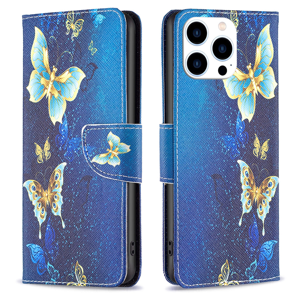 PU Leather Stand Wallet Case for iPhone 15 Pro , Pattern Printing Full Protection Phone Cover - Golden Butterflies PU Leather Stand Wallet Case for iPhone 15 Pro , Pattern Printing Full Protection Phone Cover - Golden Butterflies